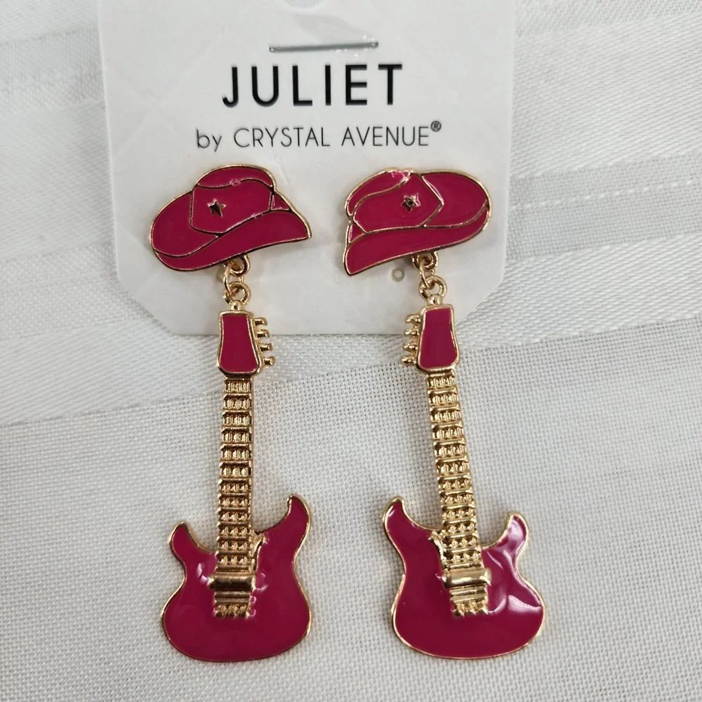 CRYSTAL‎ AVENUE Pink Rock & Roll Cowgirl Guitar Earrings NWT
